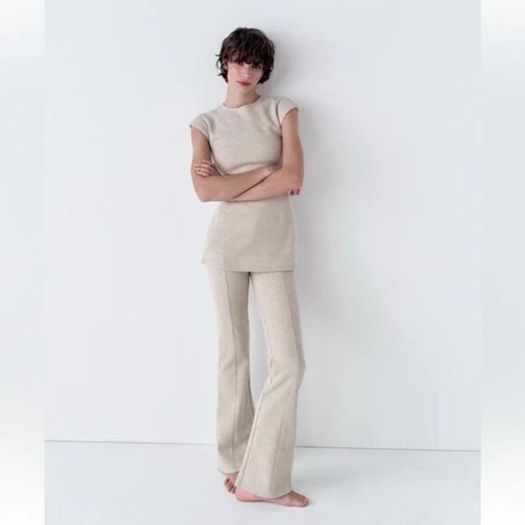 ZARA Women's 2PC Set Cream  Fitted Ribbed Top & Flared Rib Sweater Pants - Large - Picture 4 of 13